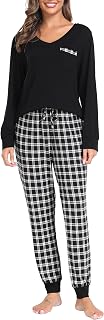 Sopesil Women's Long Winter Pyjamas Two Piece Pyjamas Warm Long Sleeve and Plaid Pants Cosy Sleepwear with Pockets and Drawstring,S-XXL