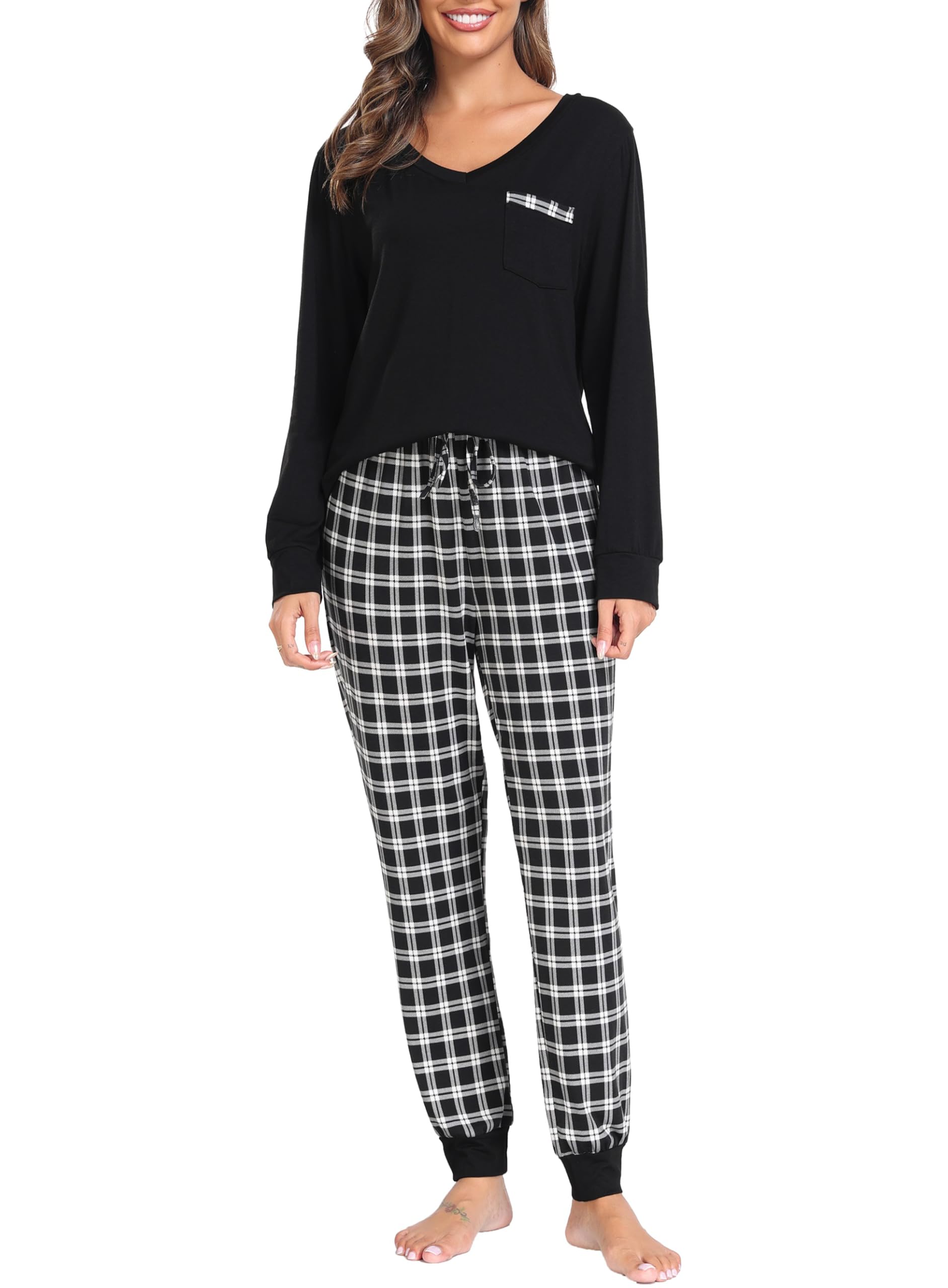 Sopesil Women's Long Winter Pyjamas Two Piece Pyjamas Warm Long Sleeve and Plaid