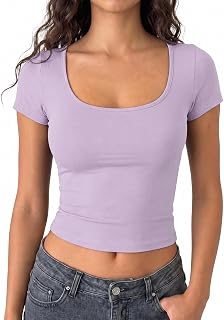 womens short sleeve square neck crop tops for women soft workout tops sexy slim fit tops casual lightweight base layer