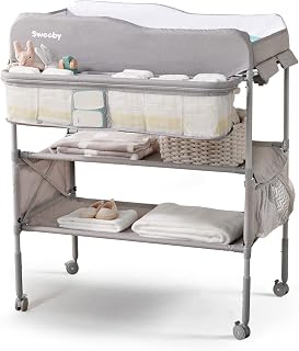 Sweeby Portable Baby Changing Table, Foldable Diaper Changing Station with Waterproof Pad, Mobile Nursery Organizer for Infant &amp; Newborn Essentials, Grey
