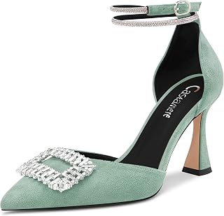 Castamere Women's High Block Chunky Heel Strappy Ankle Strap Diamond Crystal Pointed Toe Pumps 8.5CM Heels