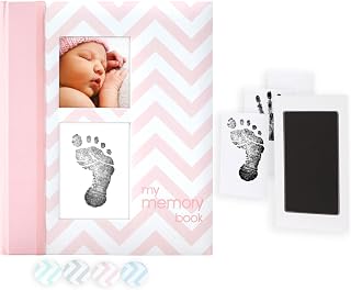 Pearhead First 5 Years Chevron Baby Memory Book and Ink Pad, Pink | Included Clean-Touch Ink Pad to Make Baby's Hand or Footprint, Guided Milestone Pages, First Years, Expecting Parent Gift