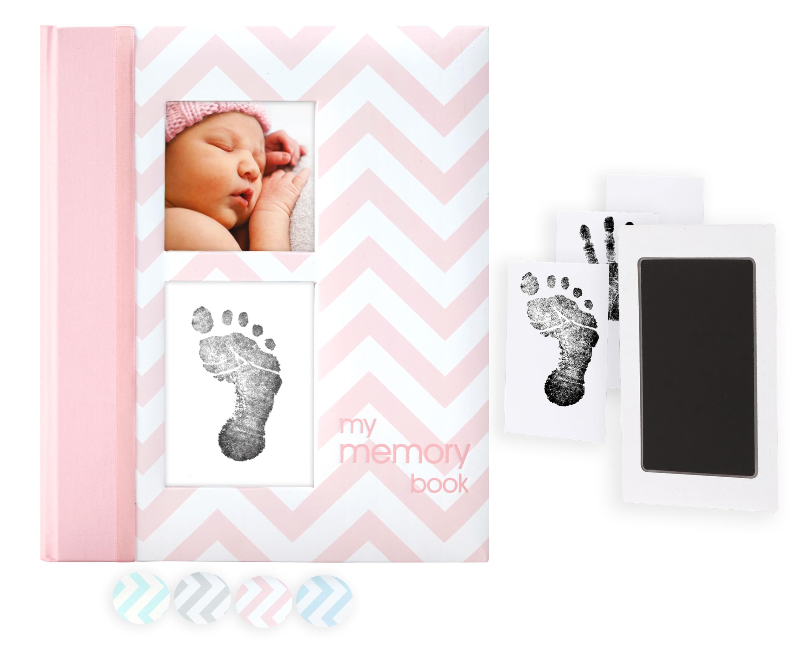 Pearhead First 5 Years Chevron Baby Memory Book and Ink Pad, Pink | Included Cle