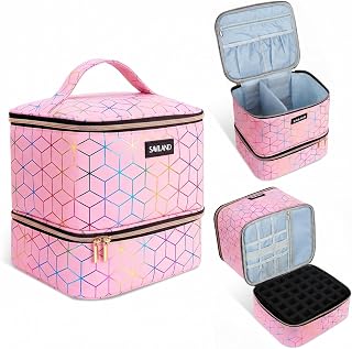 SAVILAND PU Leather Nail Polish Organizer Bag for Nail Tech, Pink | Holds 30 Bottles & Nail Lamp, Waterproof, Double-Layer, Adjustable Divider, Nail Organizers and Storage for Home and Travel