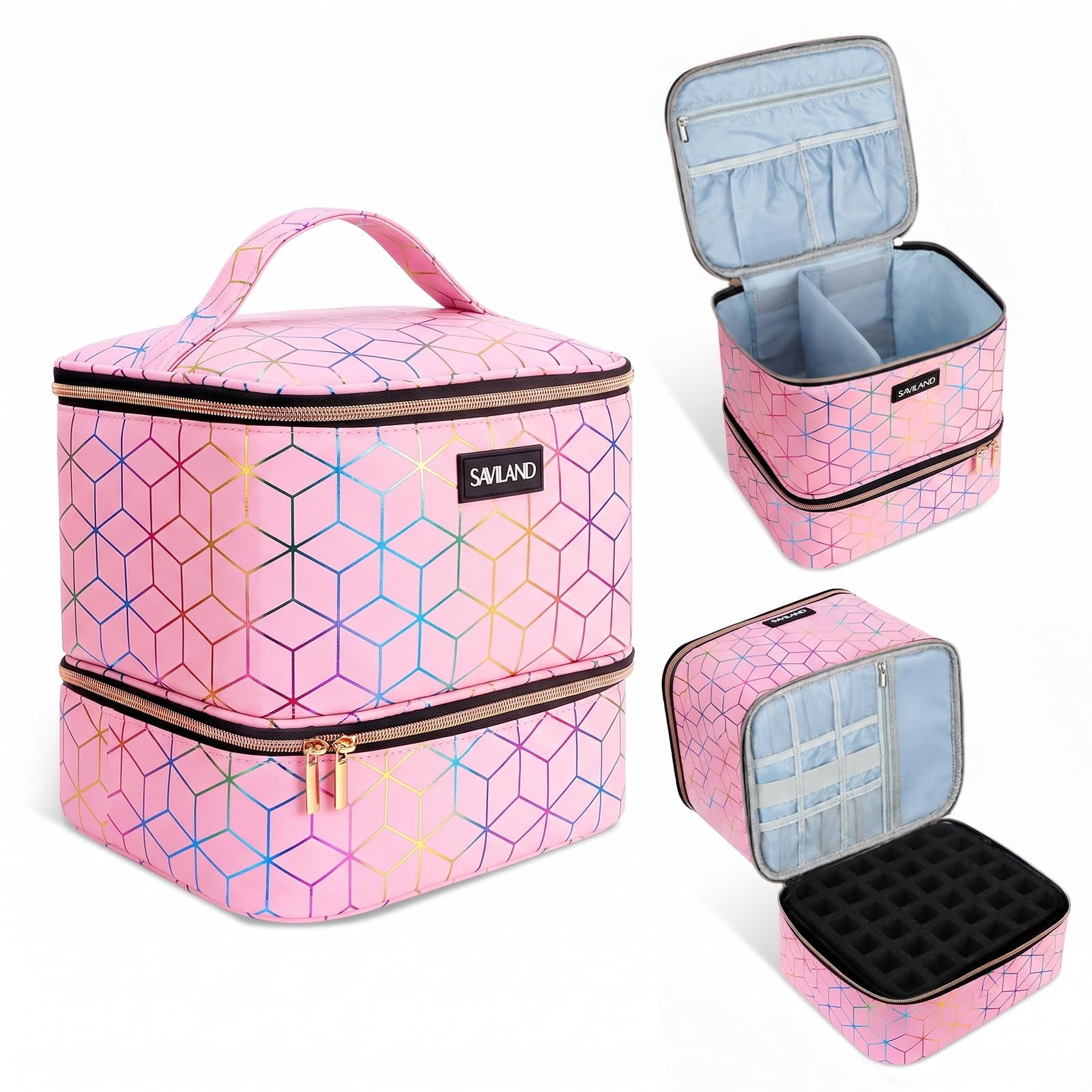 SAVILAND PU Leather Nail Polish Organizer Bag for Nail Tech, Pink | Holds 30 Bot