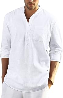 Enlision Men's Linen Solid Henley Shirts Casual Long Sleeve Summer Mao Classic Beach Shirt
