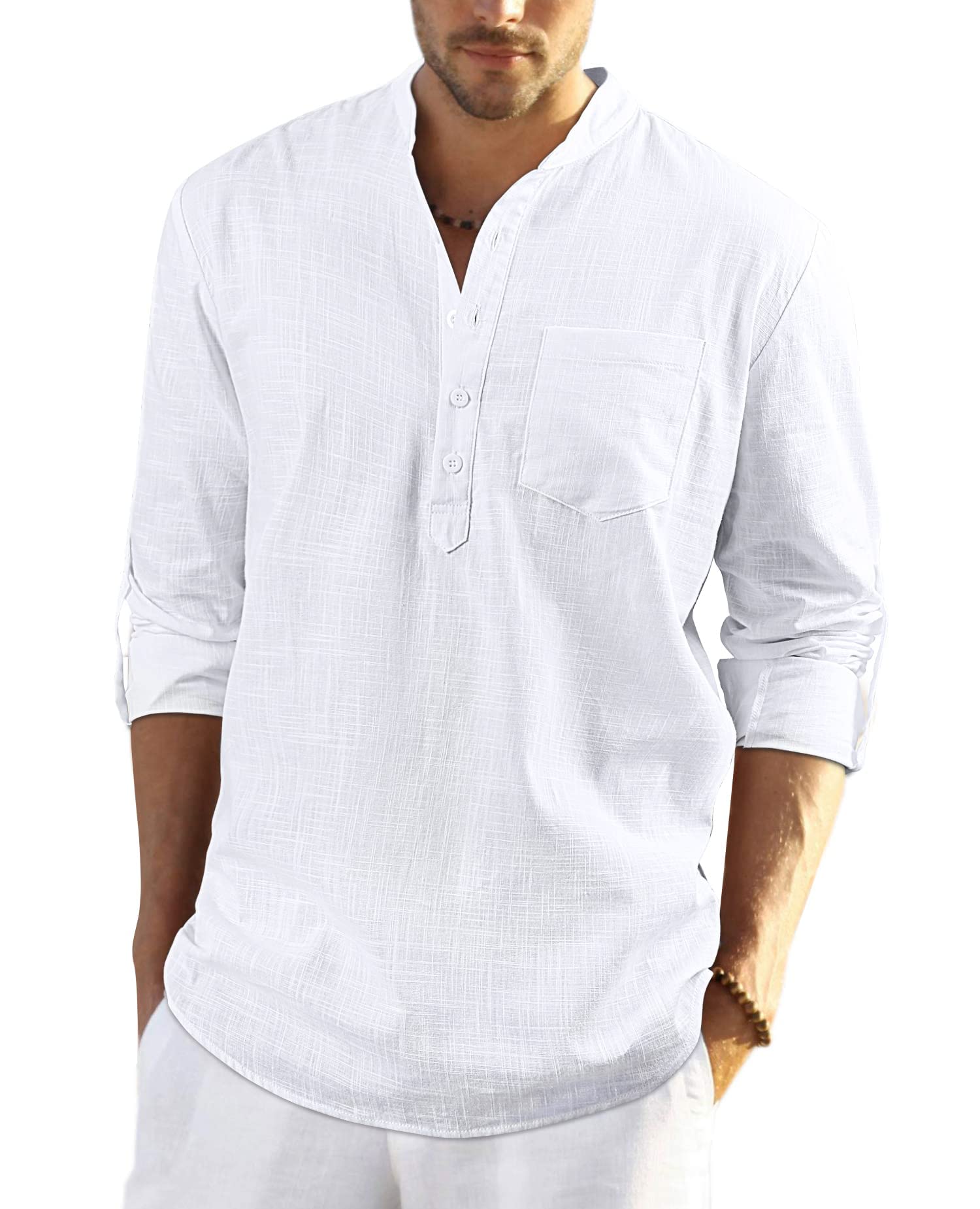 Enlision Men's Linen Solid Henley Shirts Casual Long Sleeve Summer Mao Classic B