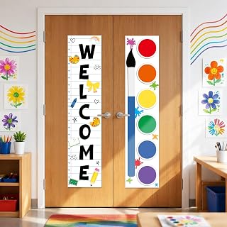 2 PCS Art Classroom Door Window Cover Artist Palette Door Curtain Paint Brush Blackout Lockdown Shades Pencil Bow Glass Window Covering Darkening Blackout Roller Shades Room Back to School Supplies