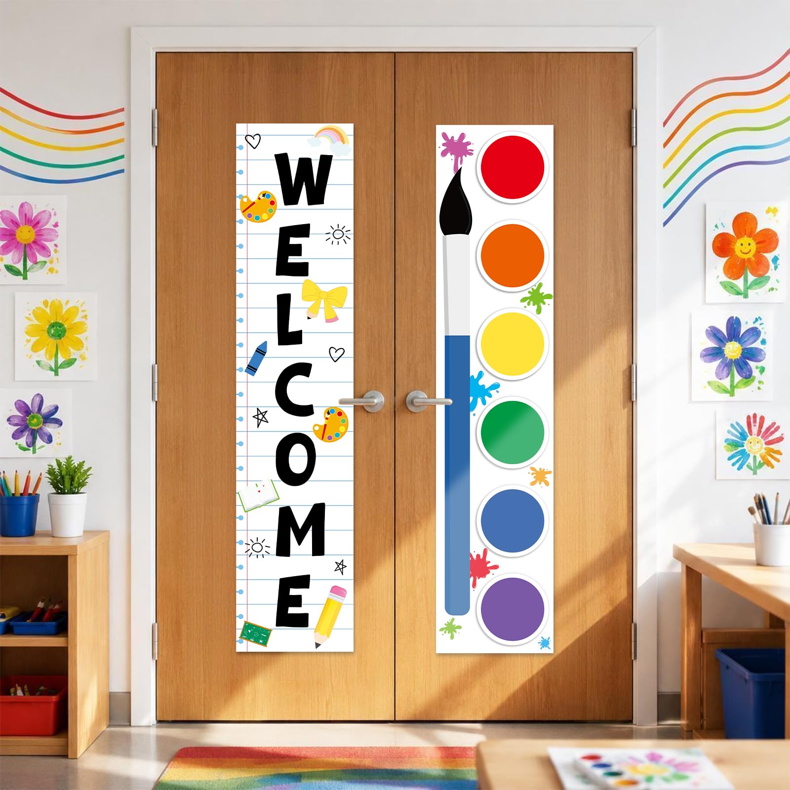 2 PCS Art Classroom Door Window Cover Artist Palette Door Curtain Paint Brush Bl