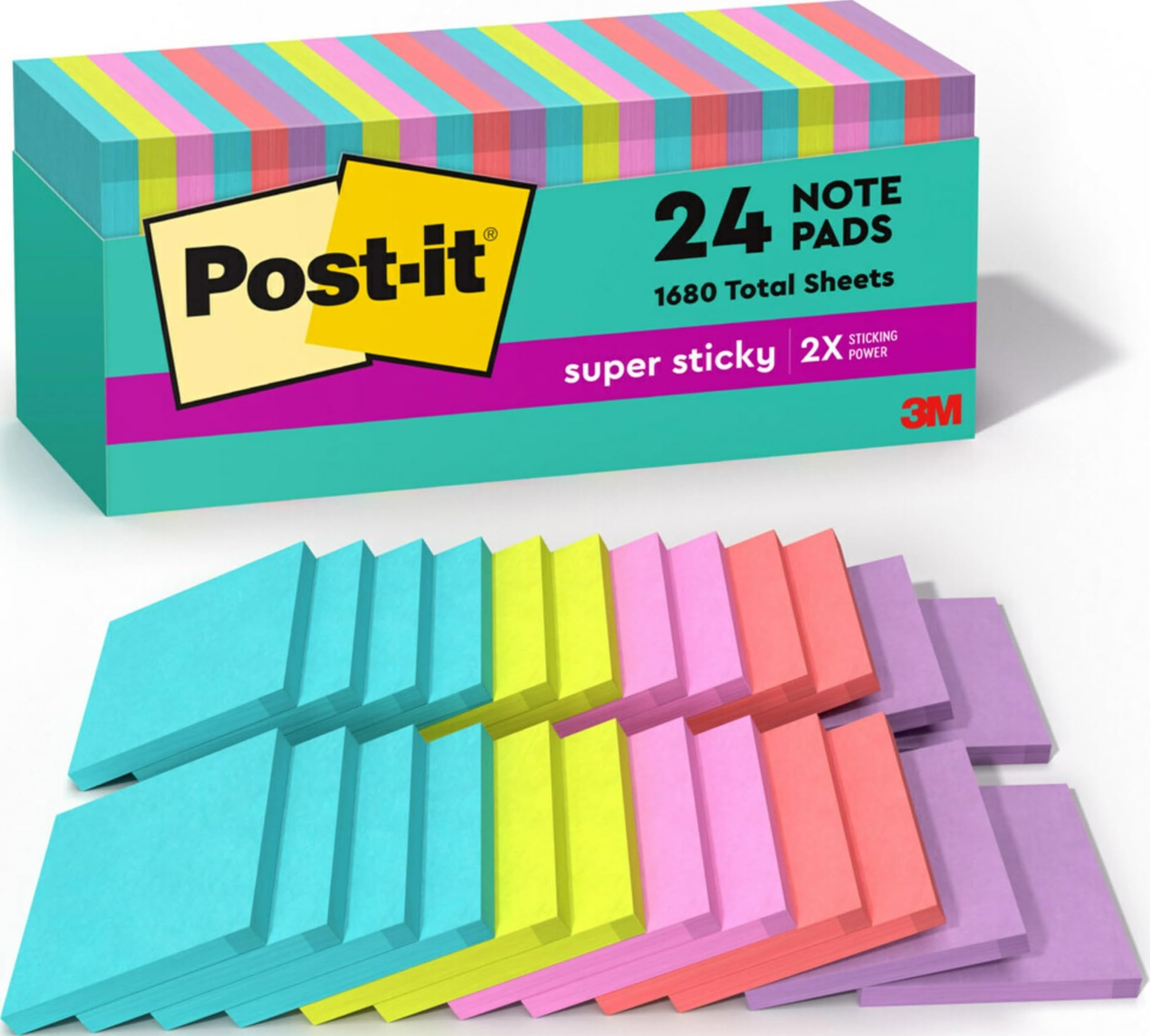 Post-it Super Sticky Notes, 3 x 3 in, Supernova Neons, 24 Pads | School Supplies