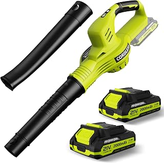 Leaf Blower Cordless 21V Electric with 2 Batteries and Charger lightweight | 2 Speed Mode Powerful Battery Powered Rechargeable Electric Leaf Blowers 2.0Ah Handheld for Lawn Care Yard and Patio Green