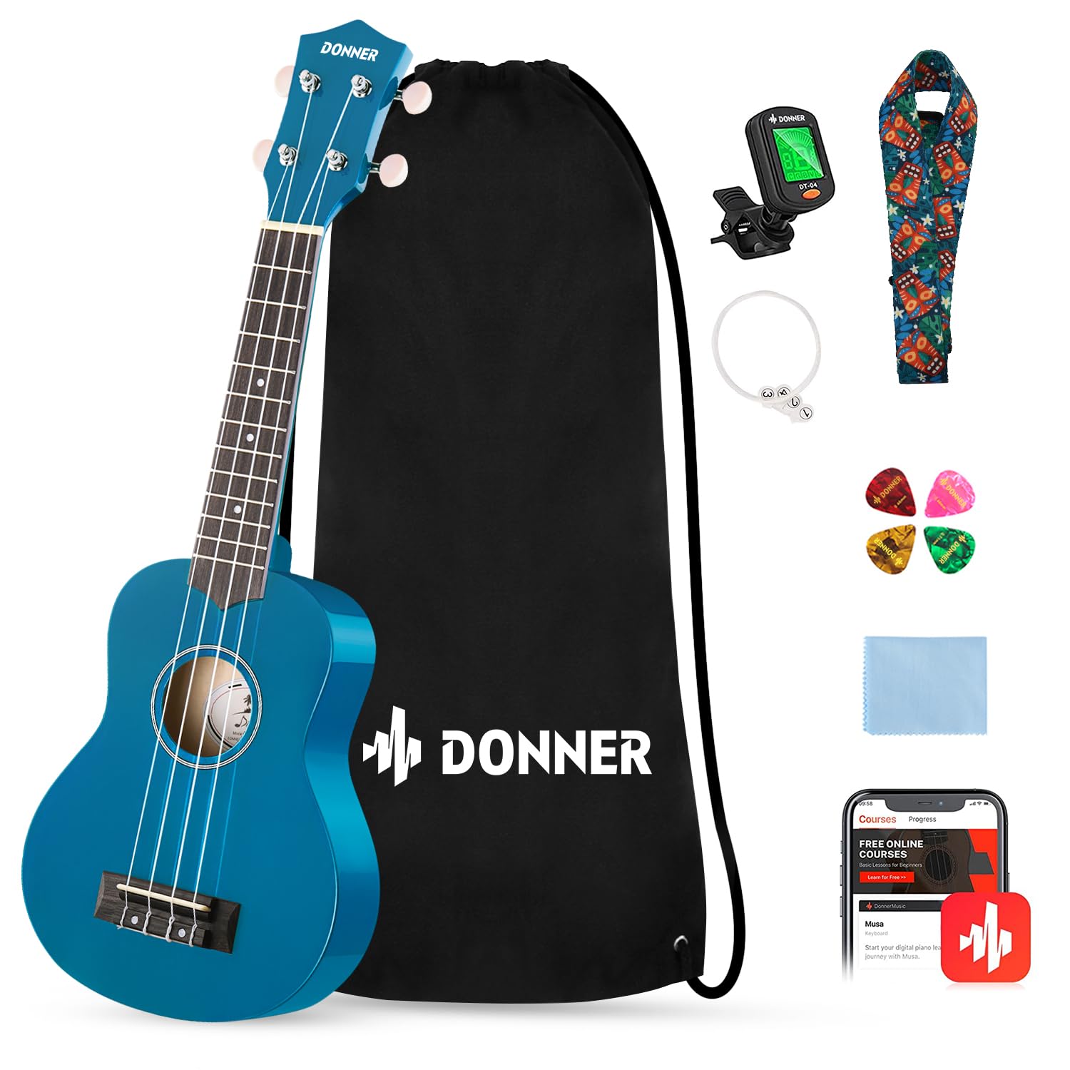 Donner Soprano Ukulele for Beginners 21 Inch Ukelele Starter Bundle Kit with Fre