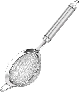 SUNWUKIN Fine Mesh Strainer with Handle Tea Sifter Stainless Steel Sieve | 18/8 Metal, Dishwasher Safe, Small strainer, Reinforced rim, Rust-proof, Hang loop, Filter for Food Rice Fruits Juice Drinks