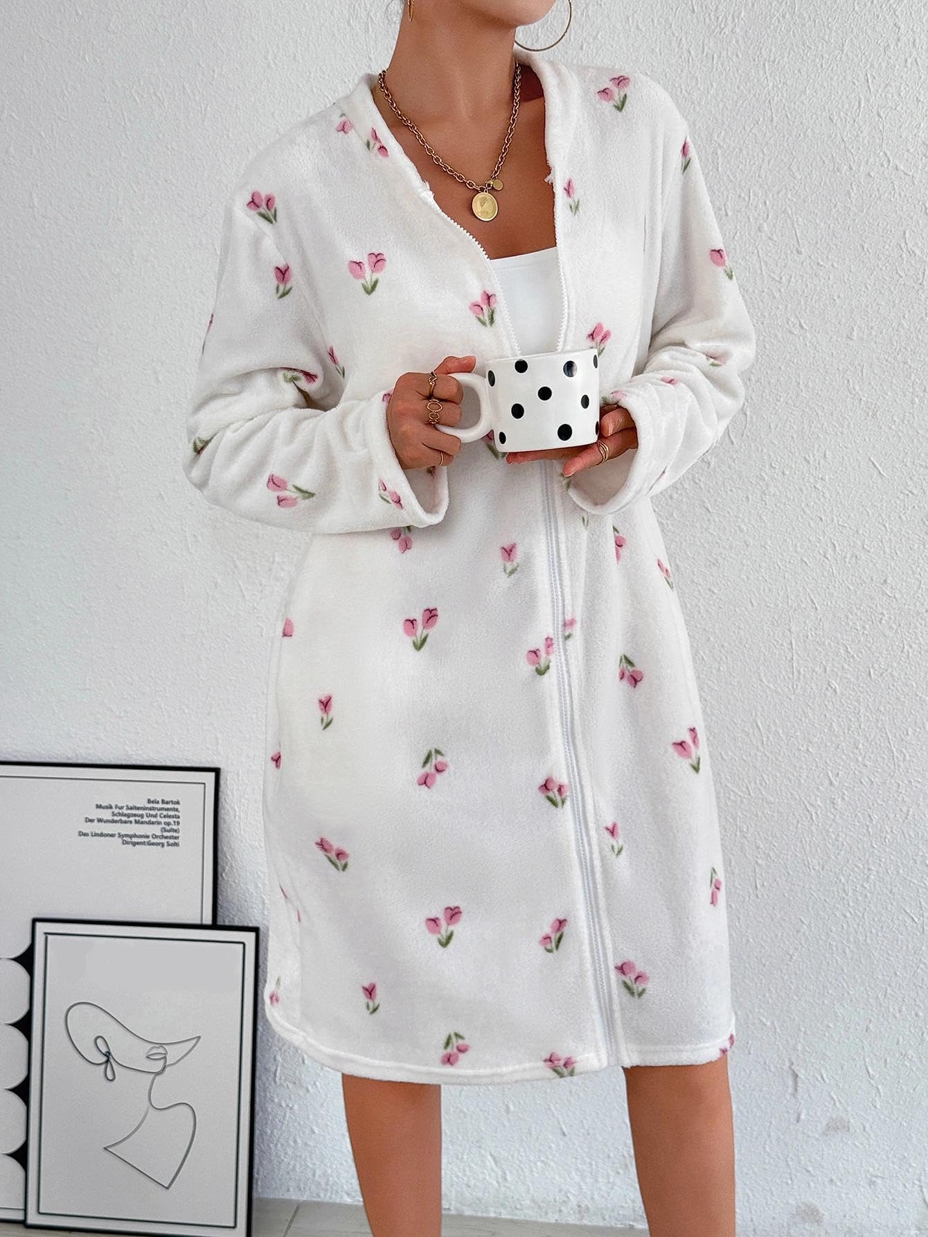 Ladies Long Sleeve Cozy Winter Home Dressing Gown with Pocket Warm Inspired Dres