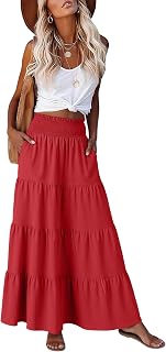 ANRABESS Womens Maxi Skirts, Elastic High Waist A-Line Tiered, Long Flowy Boho Skirts, Summer Casual Beach & Vacation Wear