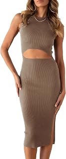 PRETTYGARDEN Women's Summer Midi Bodycon Dress Casual Crew Neck Side Slit Sleeveless Knit Cut Out Tank Top Dress