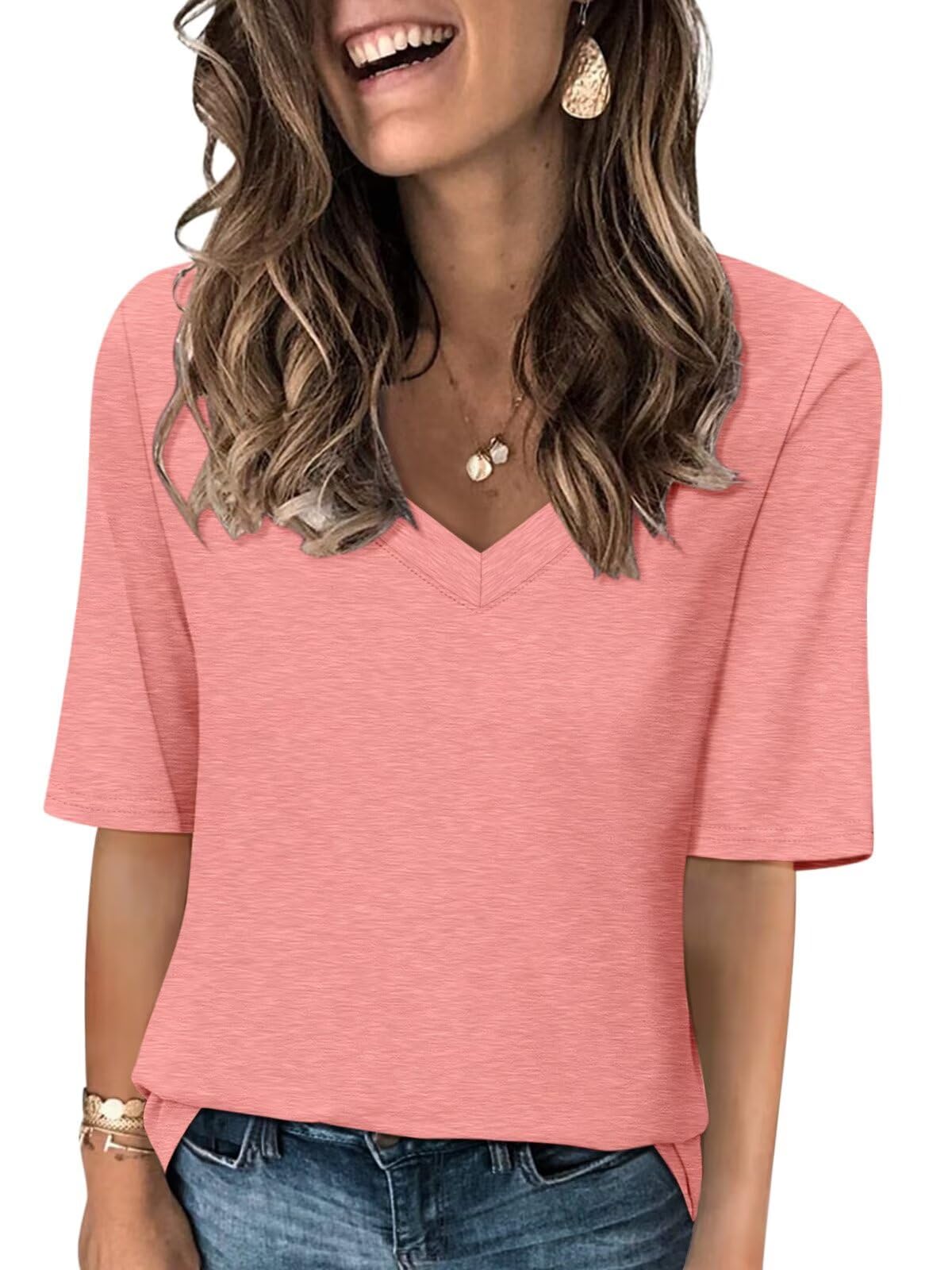 TICTICMISS Women's V Neck T Shirts Half Sleeve Tops Casual Solid Summer Tees