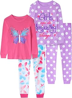 Vopawetty Girls 4-Piece Pyjamas Cotton Christmas Pjs Set Kids Sleepwear