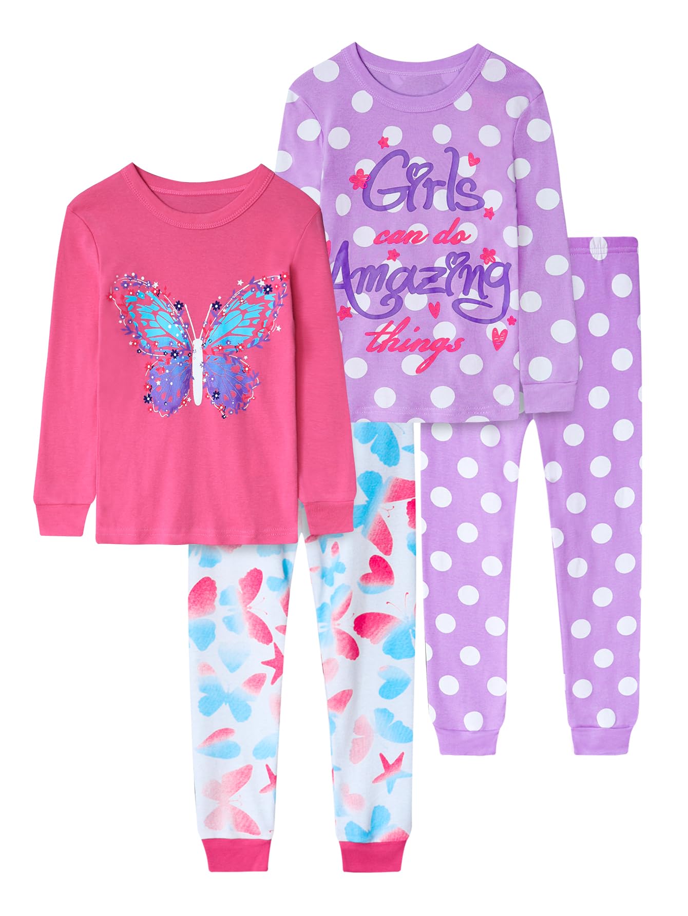 Vopawetty Girls 4-Piece Pyjamas Cotton Christmas Pjs Set Kids Sleepwear
