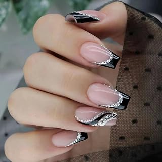 French Square Black Press-On Nails, Silver Loose Powder, Black Glue, Glossy Surface Removable Acrylic Nails, Suitable for Women and Girls Nail Art, 24 Pieces