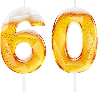 Beer Glasses 60th Birthday Candles for Cake, Wine Glasses Design Printing Number 60 Candle Cake Toppers Beer Birthday Party Decorations Anniversary Supplies