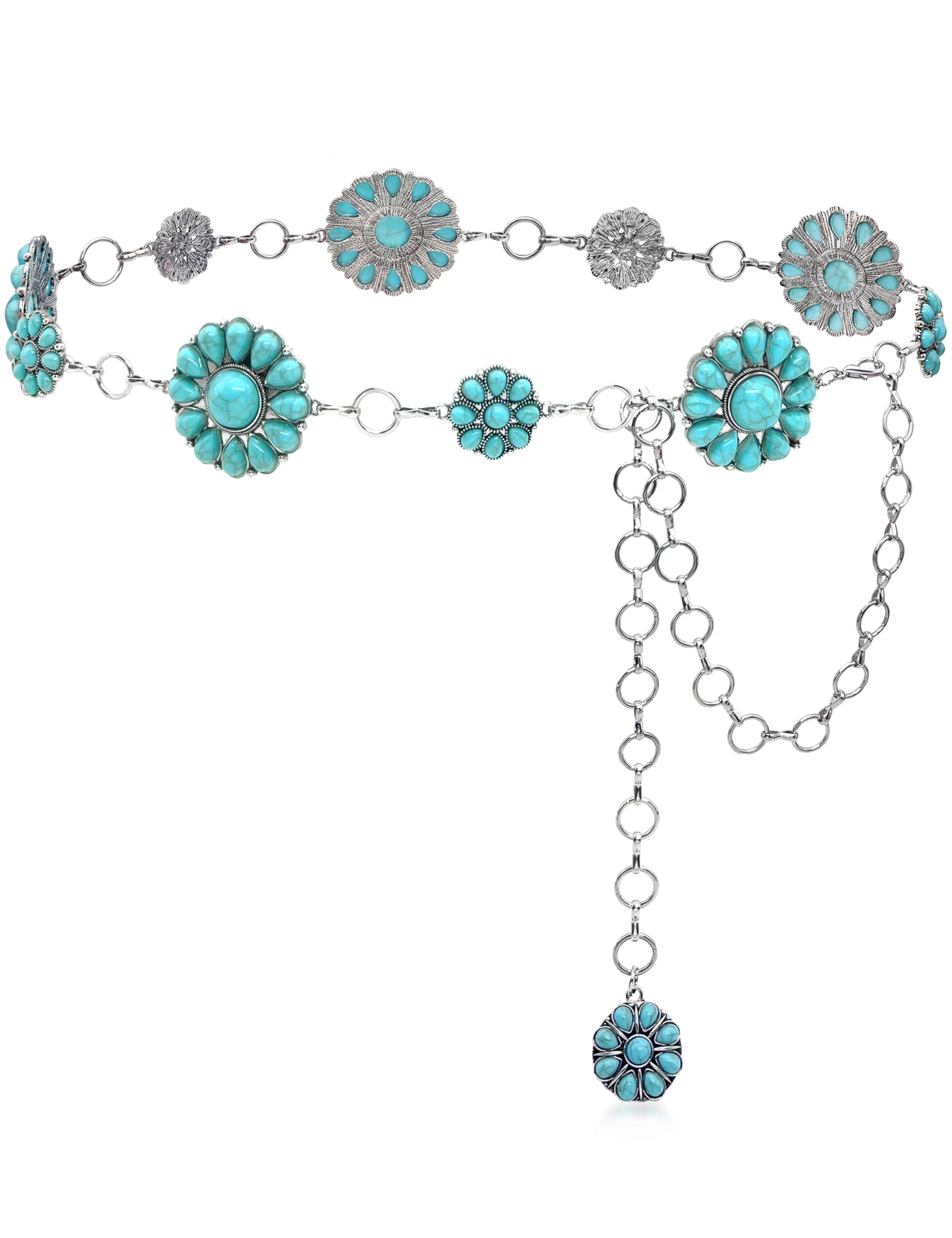 Turquoise Chain Belt for Women, Western Cowgirl Concho Belt
