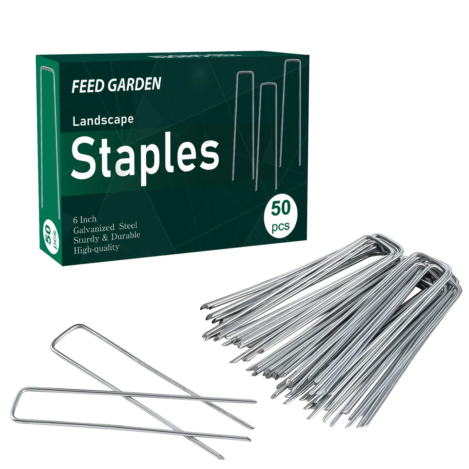 FEED GARDEN Landscape Staples 6 Inch 50 Pack, Galvanized Garden Stakes | 11 Gaug