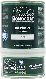Rubio Monocoat Oil Plus 2C, 175 ft², Wood Stain, Pure, 350 mL | Includes Part B (Accelerator), Linseed-Based Hard Wax Oil Wood Finish, Colors & Protects Interior Surfaces, Sealer in One