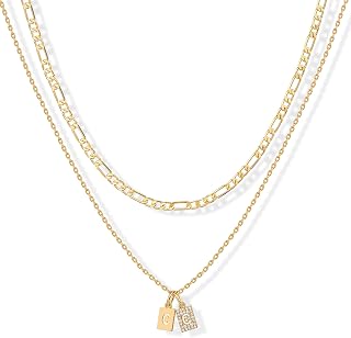 PAVOI Initial Necklace for Women, 14K Gold Plated Double Dog Tag CZ Pendant