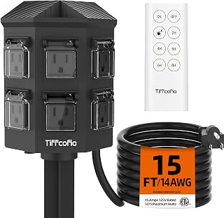 Outdoor Power Strip with 15FT Extension Cord, 100FT Remote Control, Dusk to Dawn Light Timer Waterproof, 6 Grounded Outlets for Yard, Pool and Garden, ETL Listed