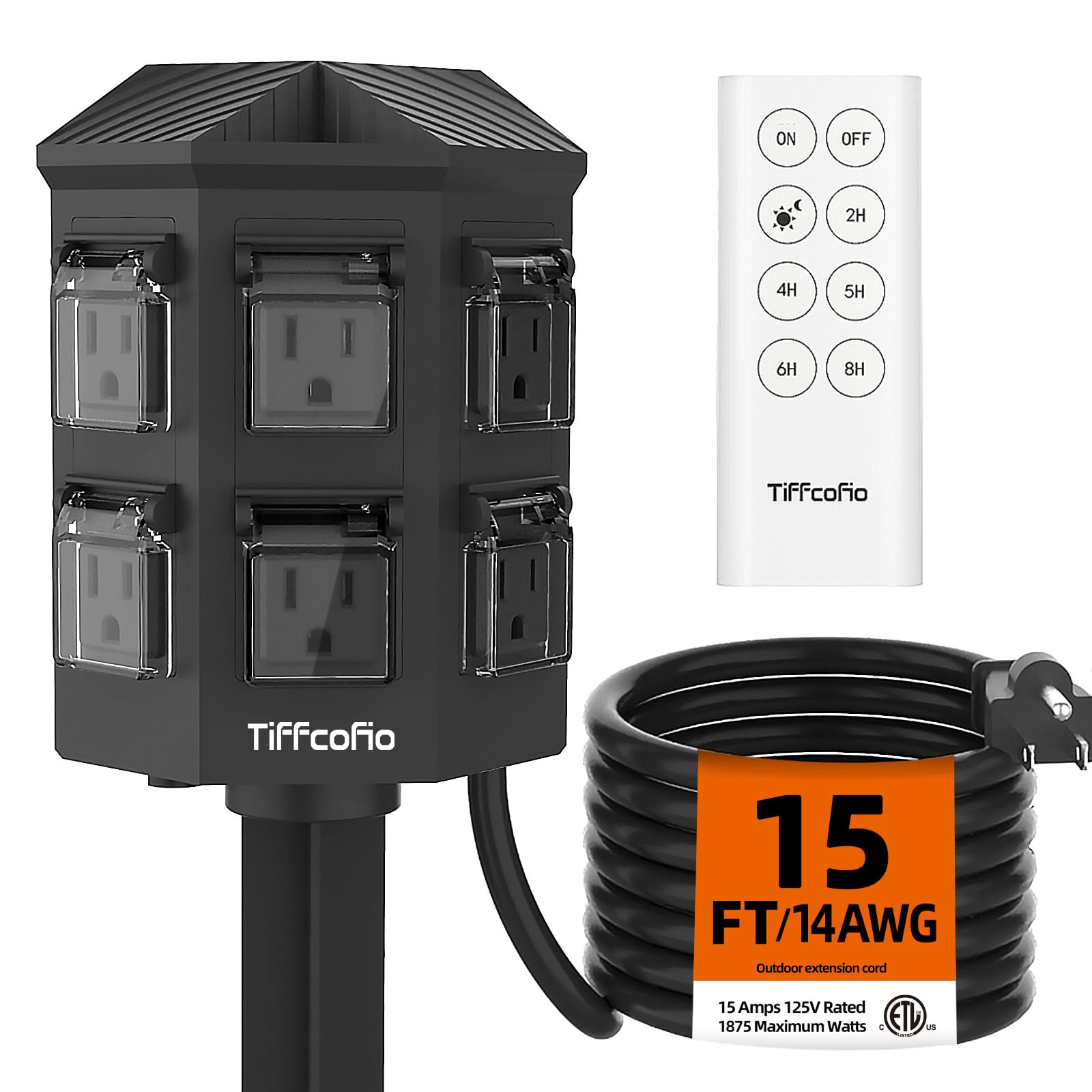 Outdoor Power Strip with 15FT Extension Cord, 100FT Remote Control, Dusk to Dawn