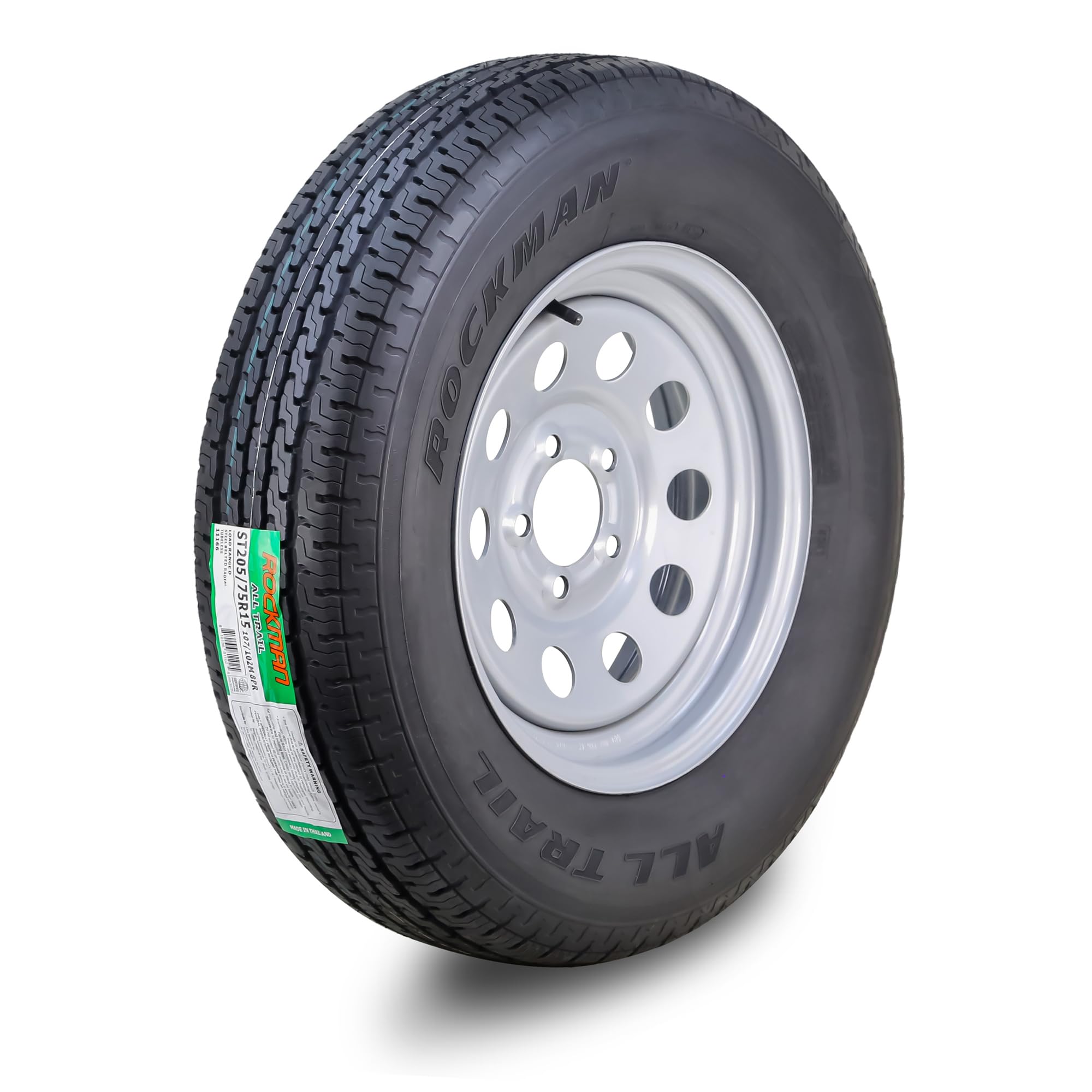 ROCKMAN Trailer Tire Wheel ST205/75R15 8PR D 107M 5X4.5" PCD Silver Mod Rim | 5 