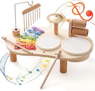 Wooden Drum Set for Toddlers 1-3, Musical Percussion Instruments for Kids Baby Drum Set Xylophone, Montessori Educational Musical Toys for Girls Boys Ages 3+