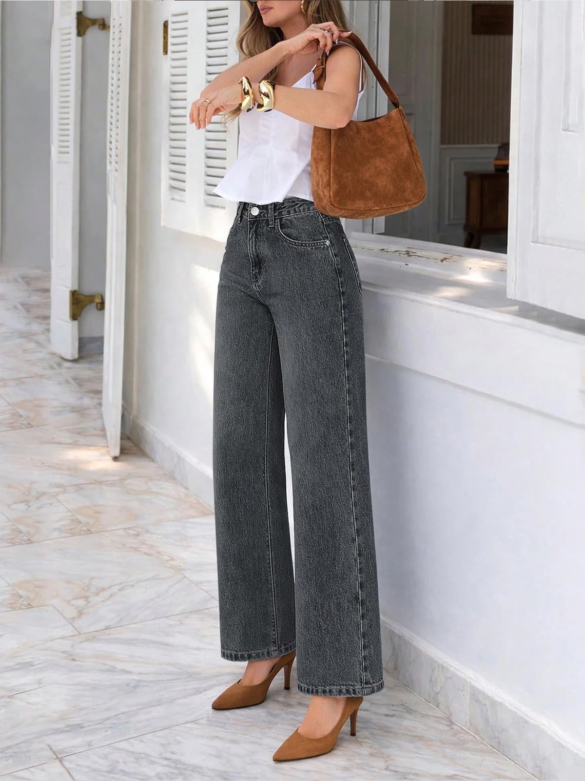 Women's High Waist Stretch Wide Leg Casual Loose Straight Jeans with Pockets, Bl