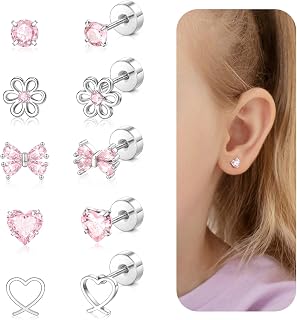 DAILI Hypoallergenic Earrings for Girls,14K Gold Toddler Screw Back Earrings for Kids Baby Women,Lightweight Surgical Steel Cute Pink Bow Heart Flower CZ Flat Back Stud Earring for Sensitive Ears