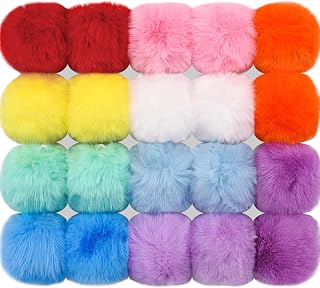 BQTQ 20 Pcs Faux Fur Pom Poms DIY Hat Pompoms with Elastic Loop (Rainbow) | Fluffy Faux Fur Pom Poms for Hat, Faux Rabbit Fur Rainbow Color Pompom Balls for DIY Beanies Bag Accessories Gloves Keychain