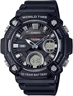 Casio AEQ120W Series | Men’s Analog-Digital Watch |100M Water Resistance | Multi Alarms | 100 SEC Stopwatch | Countdown Timer | World Map for World Time | LED Light | LC Display | 10 Yr Batt