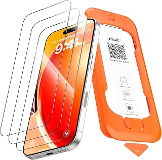 NEW'C Tempered Glass for iPhone 17, 17 Pro/16 Pro, Auto Tool Included | Automatic Installation Tool Included, Set of 3, Clear, 9H Hardness, Anti-Scratch, Bubble Free, Glass Screen Protector