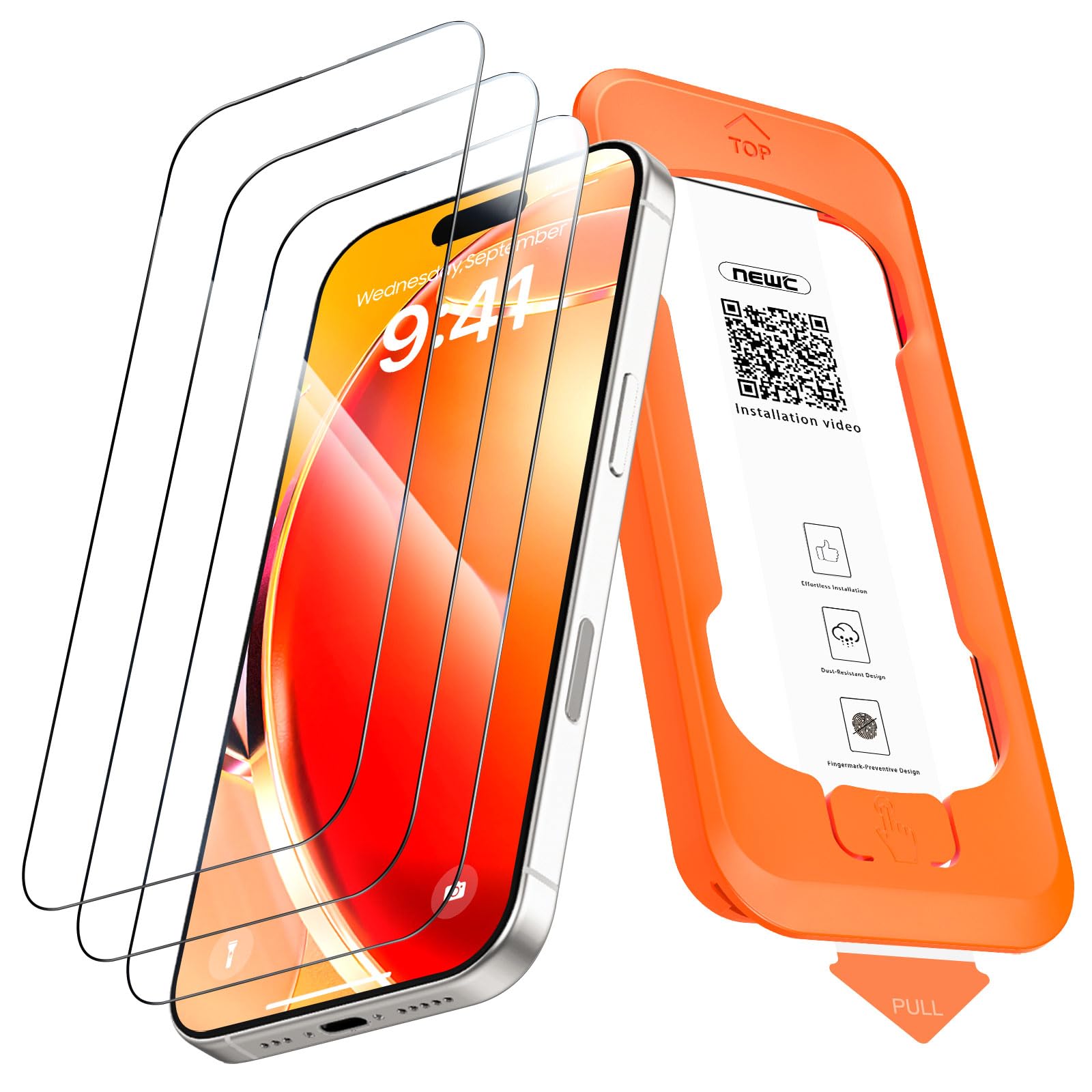 NEW'C Tempered Glass for iPhone 17, 17 Pro/16 Pro, Auto Tool Included | Automati