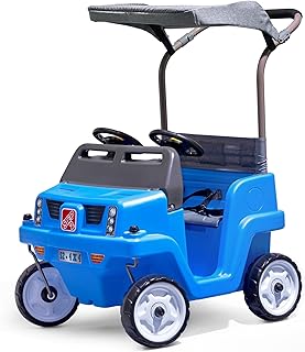 Step2 Side-by-Side Push Around SUV, 2-Seater Kids Push Car with Seat Belts | For 2 Kids, Adjustable Shade Canopy, Seat Belts, Dual Steering Wheels & Horns, Built-In Storage, 100 lbs Max, Ages 1.5-5