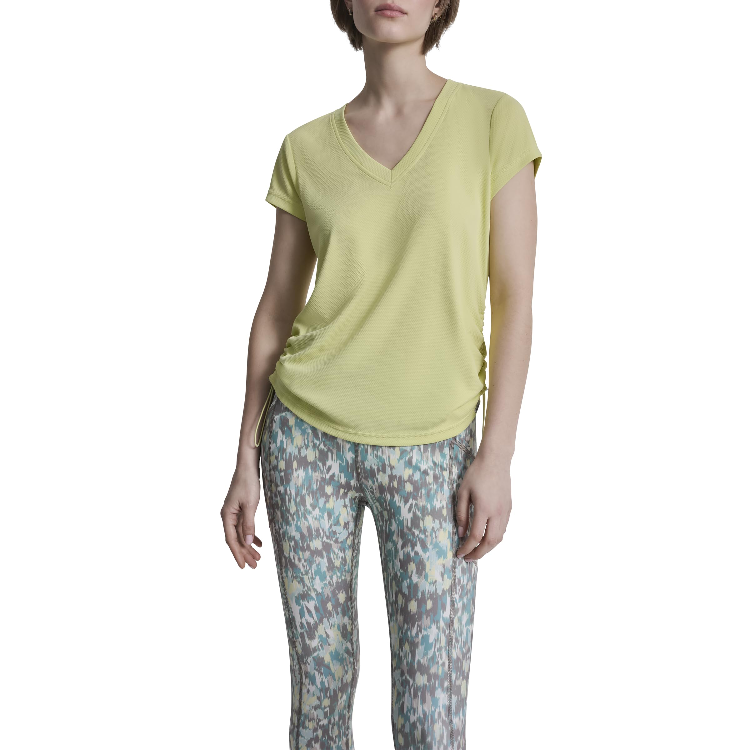 DKNY Women's Short Sleeve V-Neck Tech Shirring Side Seam Active T-Shirt