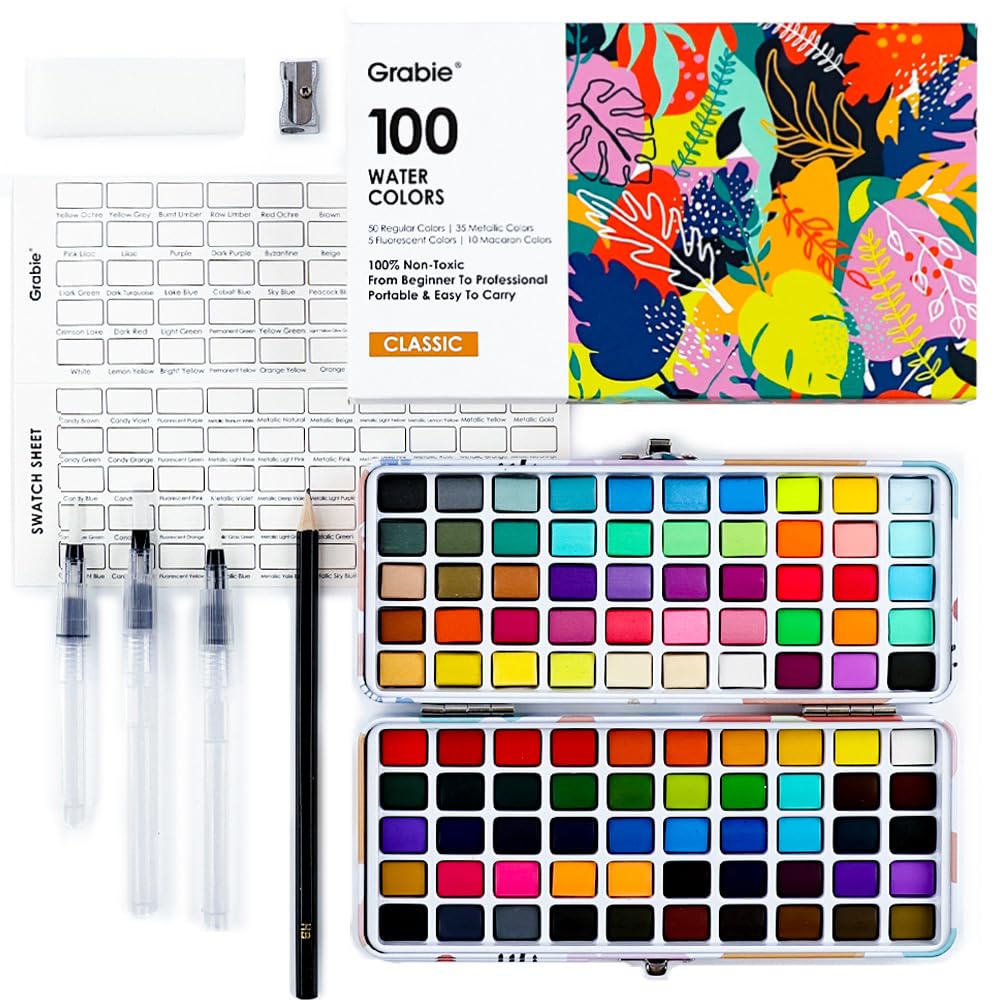 Grabie 100 Colour Watercolour Paint Set with Water Brush Pens