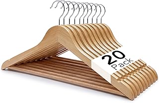 Straame Brown Wooden Coat Hangers 20 Pack, 44cm, Swivel Hooks, Trouser Bars | Smooth lacquered finish, wide shoulders and notches protect garments; trouser bars and swivel hooks organise wardrobes neatly
