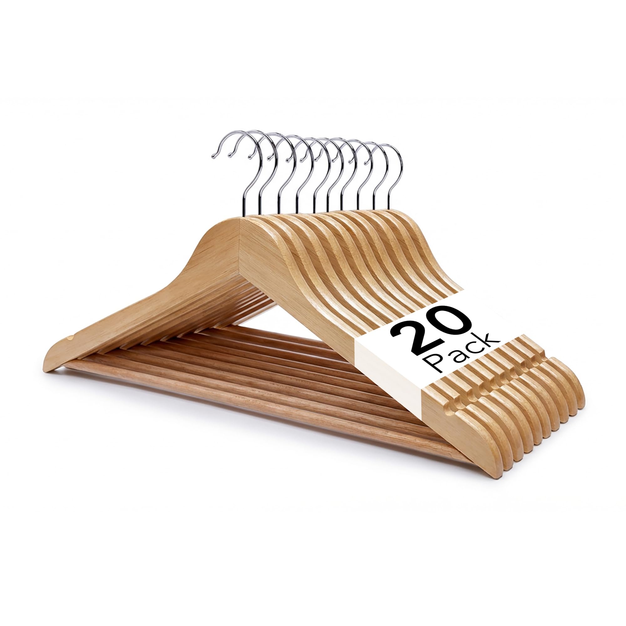Straame Brown Wooden Coat Hangers 20 Pack, 44cm, Swivel Hooks, Trouser Bars | Sm