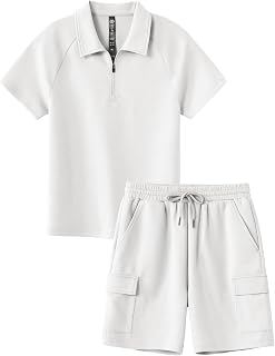 MoFiz Conjunto de camiseta y pantalones cortos con cremallera de un cuarto para niños, conjunto de verano, casual, atlético, vacaciones, playa