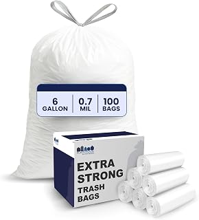 Plasticplace 6 Gallon Trash Bags White Drawstring Garbage Can Liners, 17” x 20”, 100 Count, for Bathroom Kitchen Office Car Small Trash Bags, Leak-Proof & Tear-Resistant