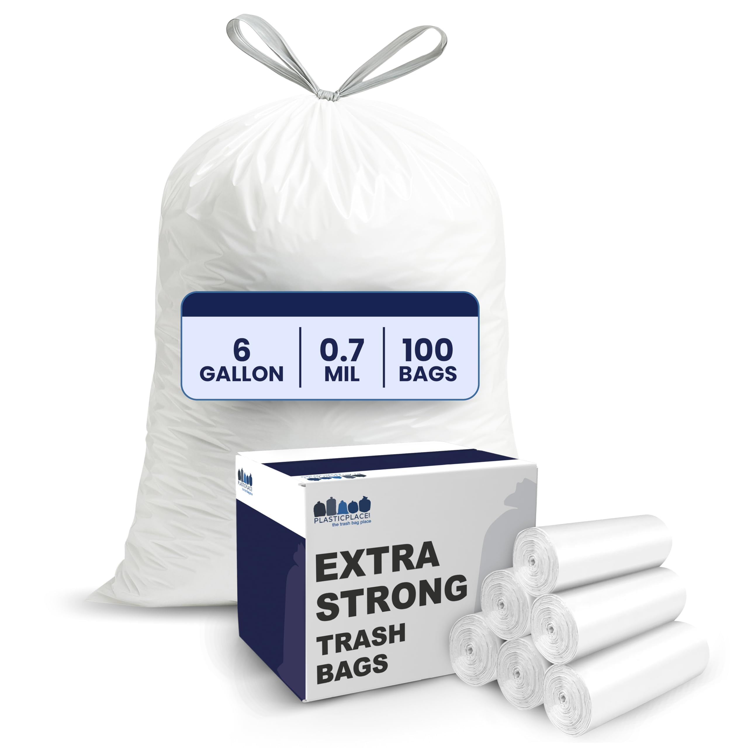 Plasticplace 6 Gallon Trash Bags White Drawstring Garbage Can Liners, 17” x 20”,