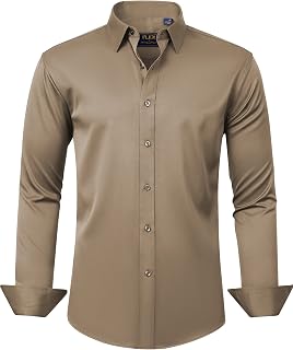 J.VER, Camicie da uomo a maniche lunghe, in tinta unita, elasticizzate, senza pieghe, camicia formale da lavoro, casual, con bottoni, Cachi scuro, M