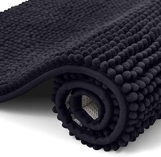 Kitinjoy Non Slip Chenille Bath Mat, Extra Soft Bathroom Mat, Super Absorbent Fluffy Bath Mats for Bathroom, Machine-Washable Quick Dry Bath Rug Foot Mat, 16"x24", Black