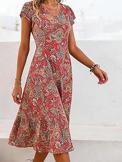 Women Floral Print V Neck Short Sleeve A-line Comfortable Casual Summer Midi Dress
